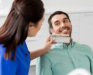 Dental team member holding shade guide next to patient’s smile