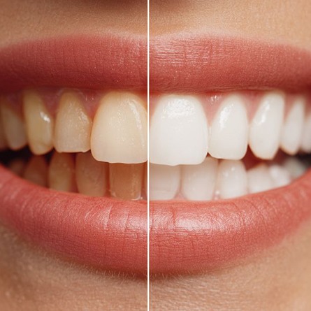 Close-up of woman’s smile before and after teeth whitening